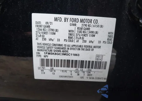 2021 Ford Explorer St из США, поврежденный, VIN 1FM5K8GC3MGC11863